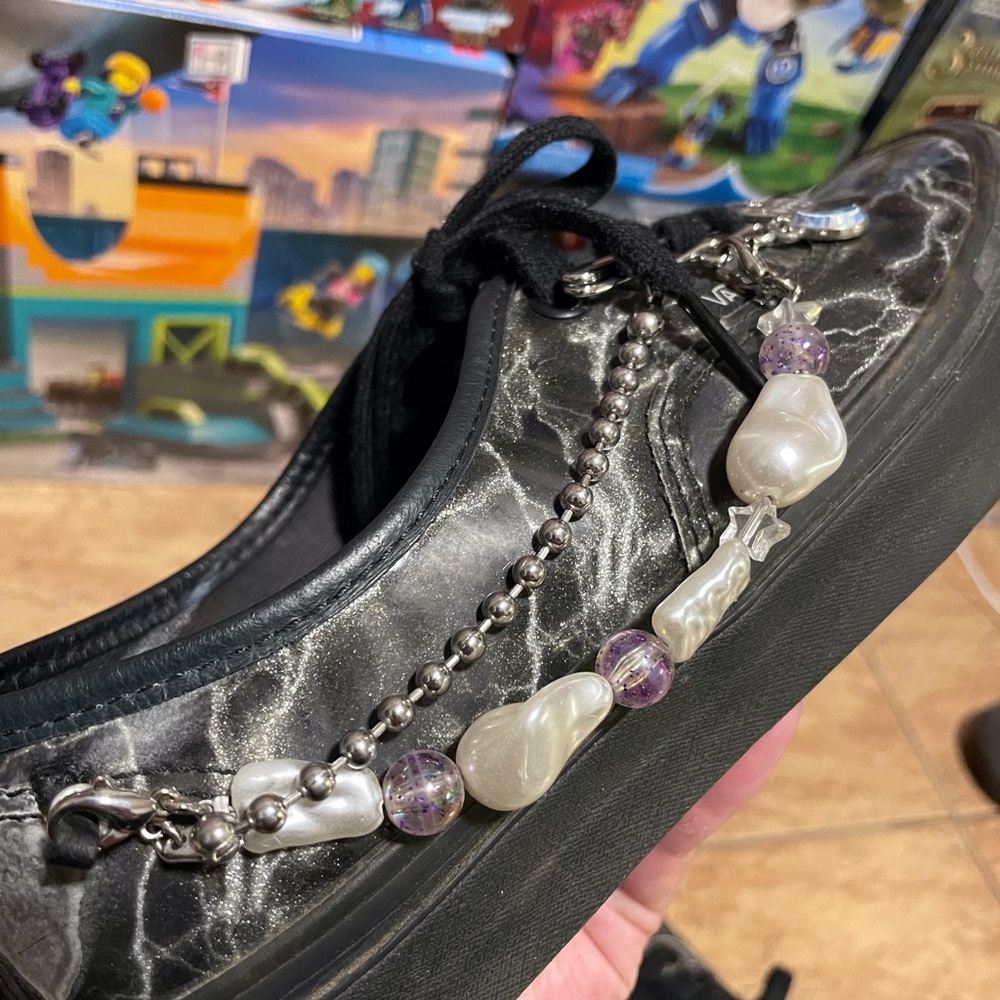 Vans Black Marble Print Low-Top Sneakers with Bead & Charm Accents - Picture 2 of 4